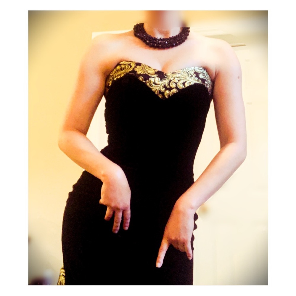 Vintage velvet black dress with gold detail